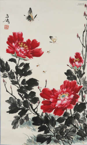 A chinese peony painting paper scroll, wang xuetao mark