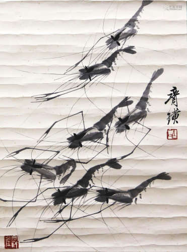 A chinese shrimp painting on paper, qi baishi mark