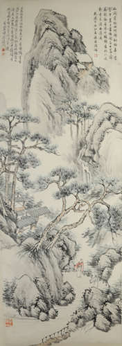 A chinese landscape painting paper scroll, shi tao mark