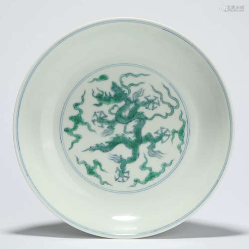 A doucai and green-enamel dragon shallow dish