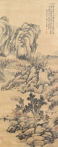 A chinese riverside and mountains painting silk scroll, wang...