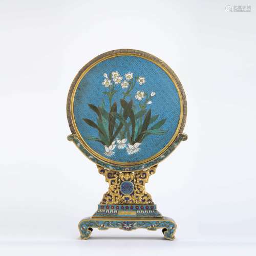A gilt bronze enamel orchid and inscribed table screen