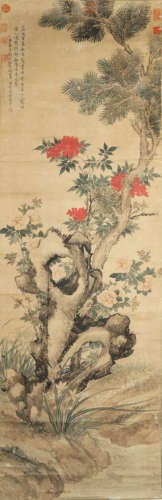 A chinese flowers and pine painting paper scroll, hui shoupi...