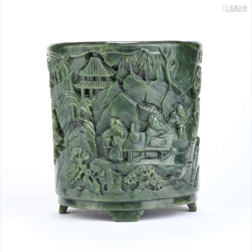 A spinach-green jade figure and landscape brush pot
