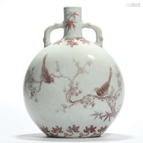 A red-glaze flowers and birds moonflask