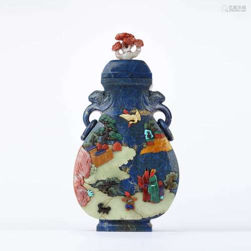 A gems inlaid lapis lazuli double-eared vase