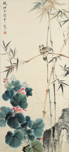 A chinese flowers and birds painting paper scroll, jiang han...