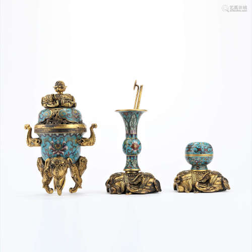 A set of A gilt bronze enamel incense burner, vase and stem ...