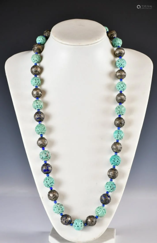 Turquoise Silver Beaded Necklace, 19th C.