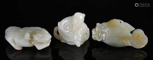 Three Pieces Of White Jade Carved Animals 19thC