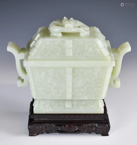 A Chinese Carved Celadon Jade Incense Burner Qing