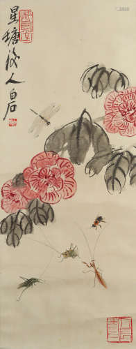 A chinese flowers and birds painting paper scroll, qi baishi...
