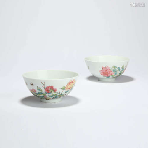 A pair of famille rose floral bowls