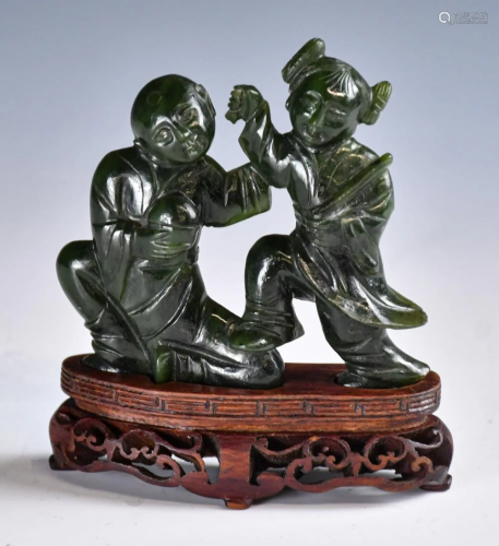 A Spinach Jade Carved Figures w/Stand, 20thC