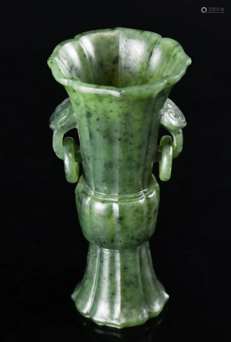 A Chinese Carved Spinach Green Jade Gu Vase, 18thC