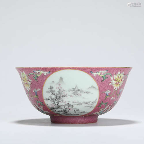 A rouge-red-ground enamel interlocking lotus and landscape b...