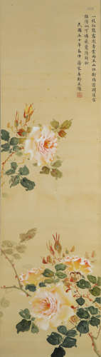 A chinese flowers painting silk scroll, song meiling mark