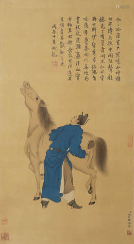 A chinese horse and figure painting silk scroll, jin tingbia...