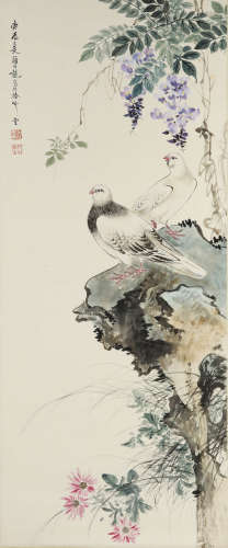 A chinese flowers and birds painting paper scroll, yan bolon...