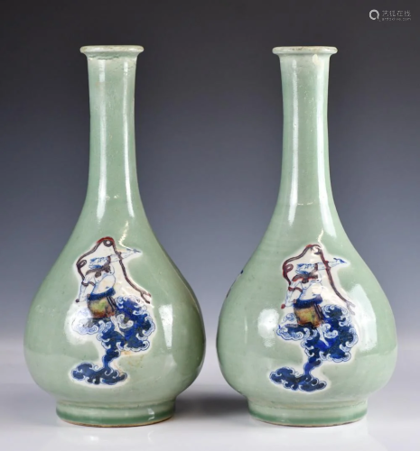 A Pair Of Chinese Celadon Glazed Vases, Qing