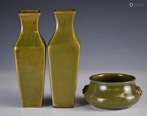 A Pair of Teadust Glazed Quadrangluar Vases&Censer