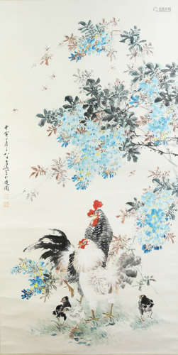 A chinese flowers and birds painting scroll, wang xuetao mar...