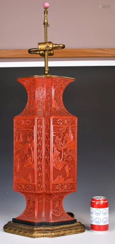 A Chinese Carved Cinnabar Lacquer Lamp 19th C
