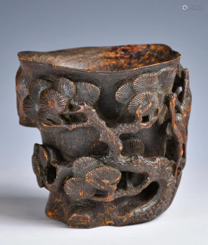 A Bamboo Carved Crane and Pine Tree Cup 18THC