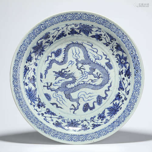 A blue and white dragon dish