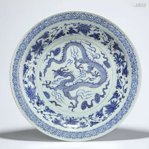 A blue and white dragon dish