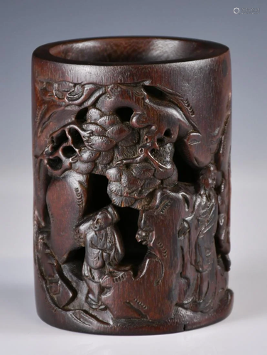 An Agarwood Scholars Carved Brushpot