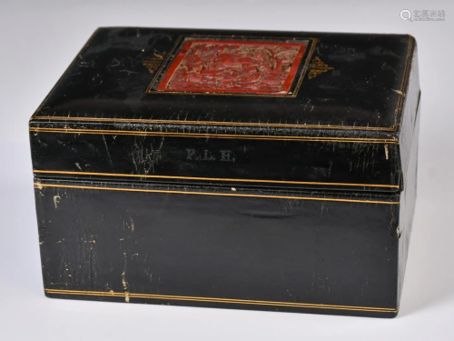 A Leather Wooden Box With Incised Lacquer, 19th C.