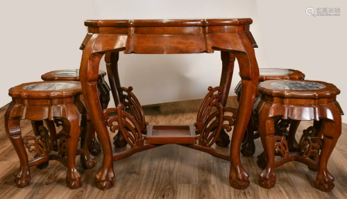 A Marble Inlaid Hardwood Table Four Stools 20thC