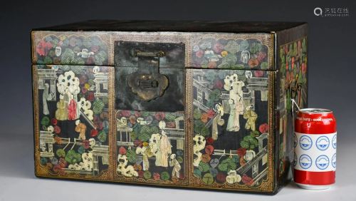 A Wooden Box Depicting Figures, 19th C.