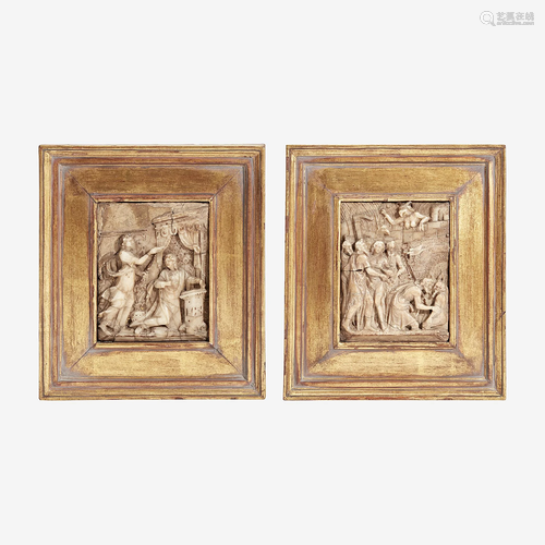 Two Framed Carved Alabaster Reliefs Probably Flemish,