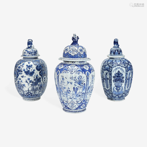 Three Dutch Delft Blue and White Jars with Covers