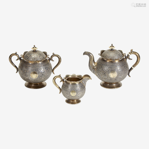 A Russian Parcel-Gilt Silver and Niello Three-Piece Tea