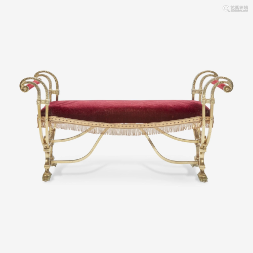 An Empire Style Velvet Upholstered Brass Bench Early