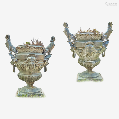 A Pair of Egyptian Revival Cast Metal Garden Urns*