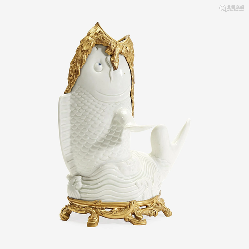 A Japanese Gilt Bronze-Mounted White-Glazed Koi-Form