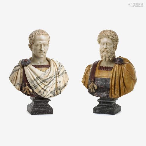 Two Carved Varicolored Marble Busts of Roman Emperors