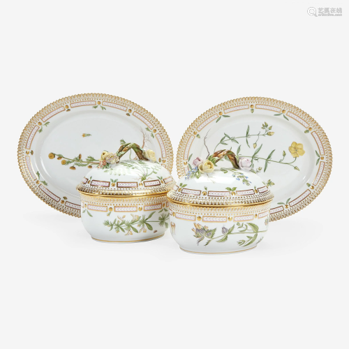 A Pair of Flora Danica Porcelain Small Tureens and