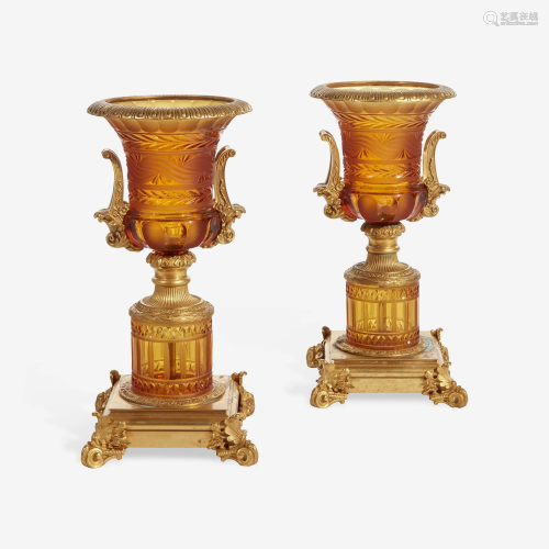 A Pair of French Gilt-Bronze Mounted Cut-Glass Urns