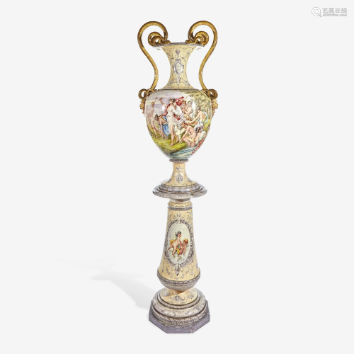 A Large Italian Majolica Twin-Handled Urn on Conforming
