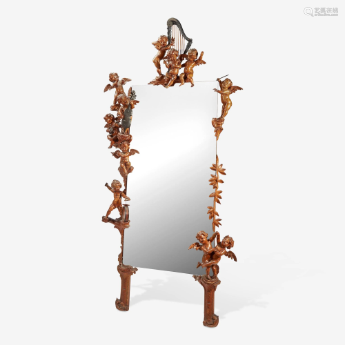 A Large Carved Wood and Glass Floor Mirror Early 20th