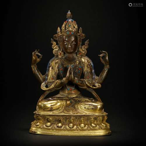 Copper and Golden Buddha Statue from Qing