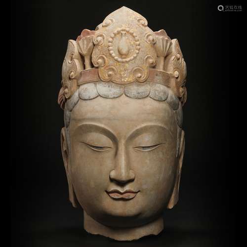 Stone Carved Colored Buddha Head from Northern Qi