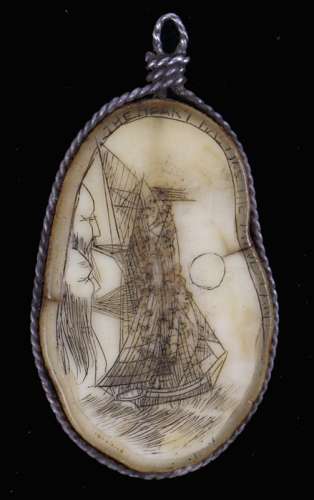 19th Century scrimshaw pendant of a narwhal tusk section, th...