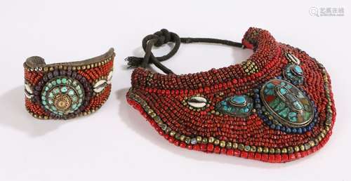 Tibetan collar necklace, set with red beads, turquoise colou...