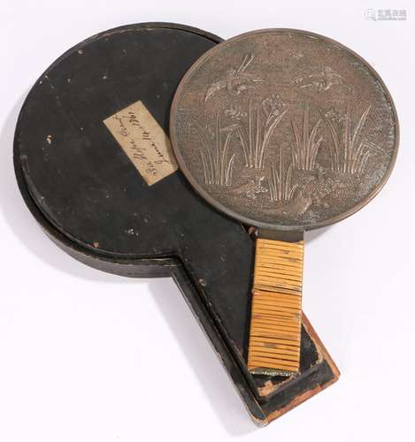 Japanese Edo period bronze hand held mirror, with storks and...